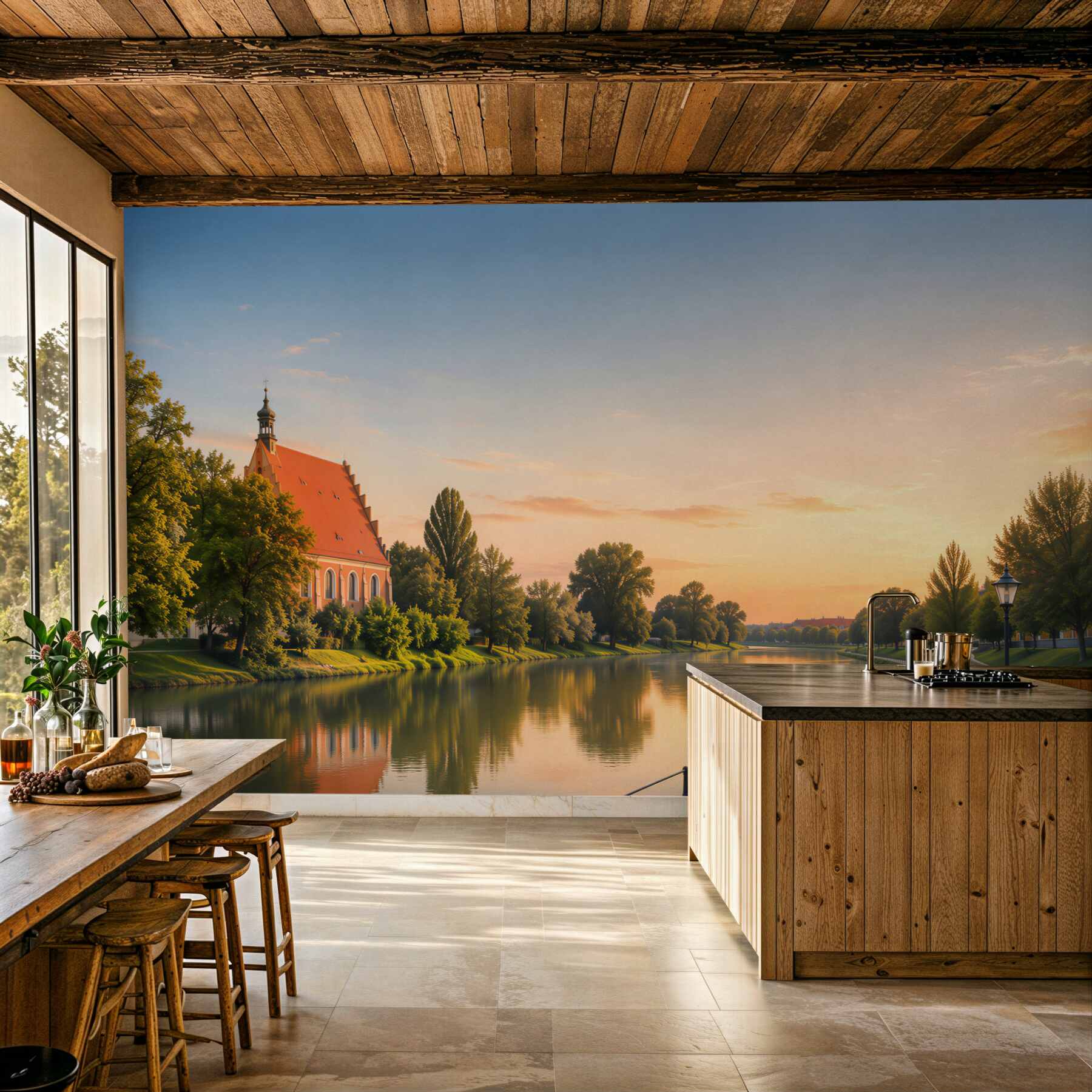 Fototapeta Architektura miasta Bydgoszcz z odbiciem w rzece Brda o zachodzie słońca